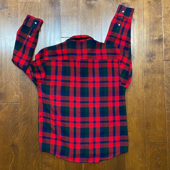 Astor One Vintage 80s Plaid Red Navy Green Flannel Shirt Men's Size Medium - Picture 5 of 8